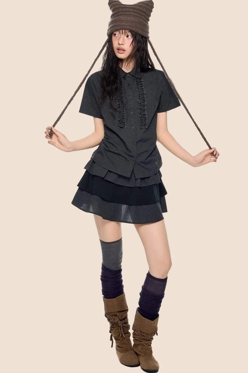Plaid Pleated Blouse and Cake Skirt Set-Up
