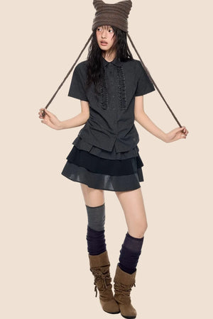 Plaid Pleated Blouse and Cake Skirt Set-Up