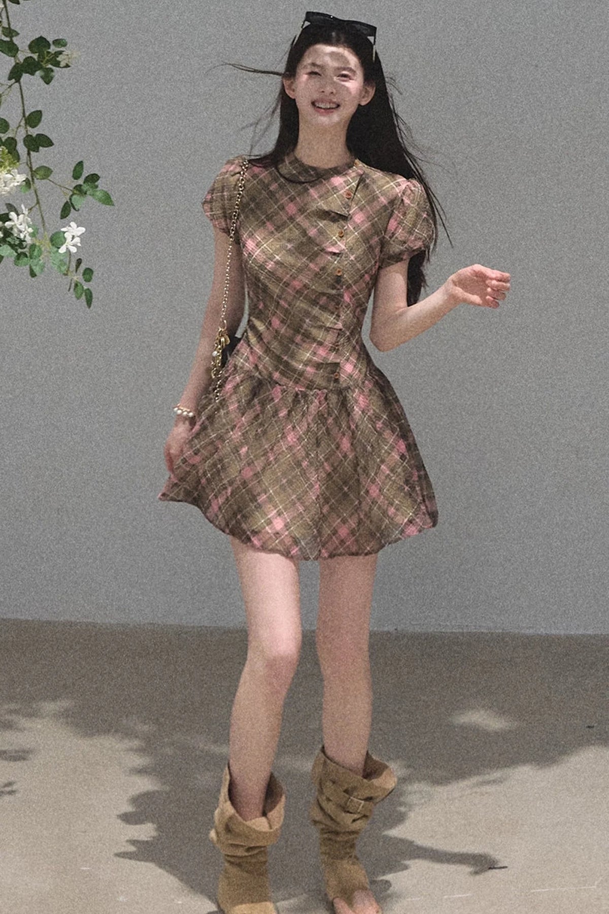 Plaid Puff Sleeve Dress