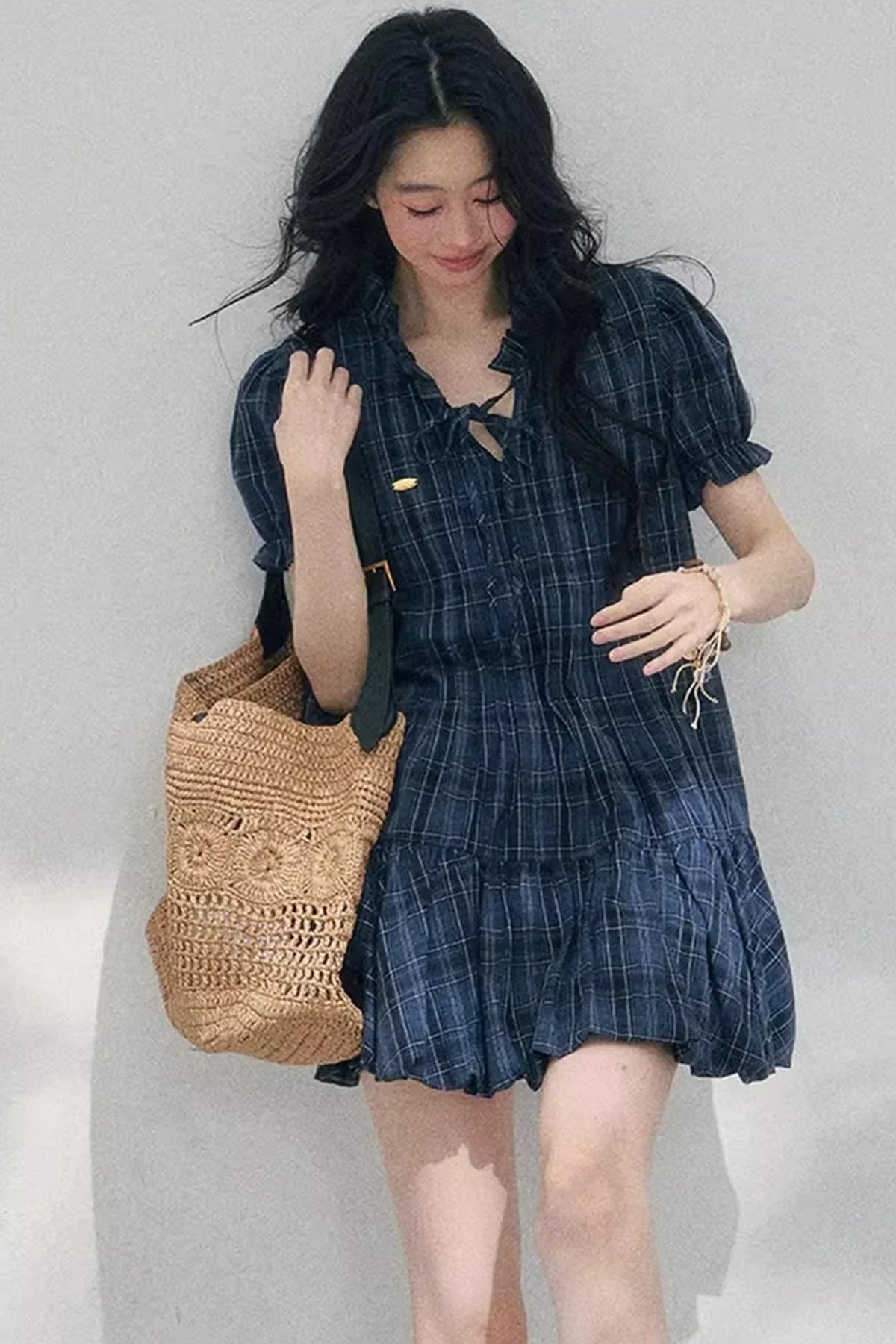 Plaid Puff Sleeve Dress