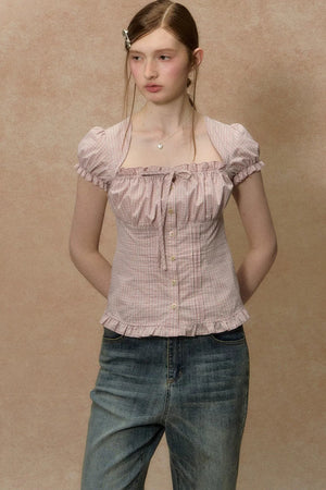 Plaid Puff Sleeve Ruched Top