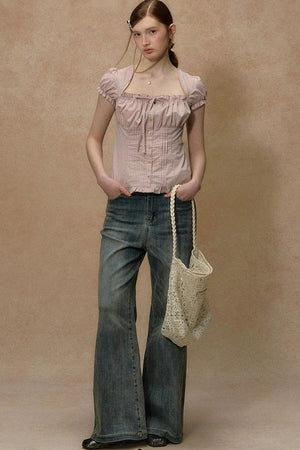 Plaid Puff Sleeve Ruched Top