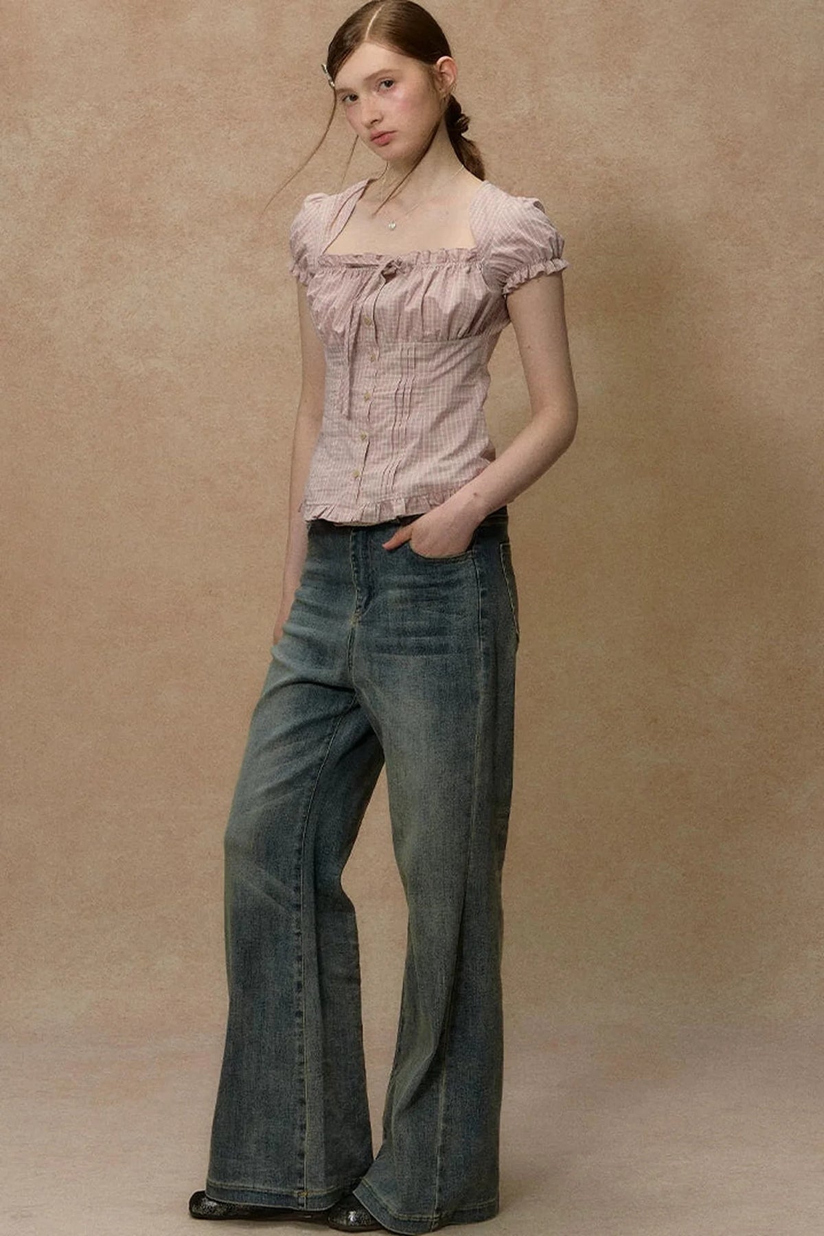 Plaid Puff Sleeve Ruched Top