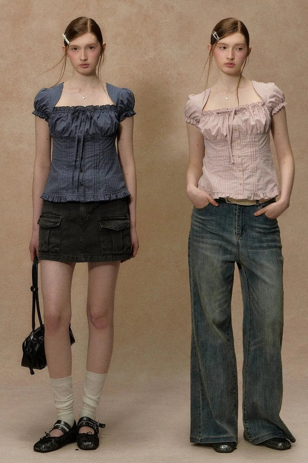 Plaid Puff Sleeve Ruched Top
