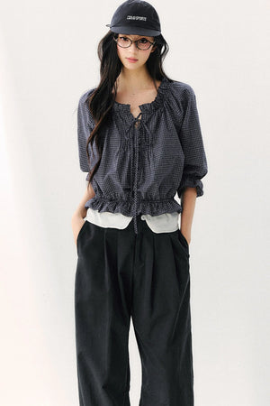 Plaid Puff Sleeve Tie Waist Cotton Top