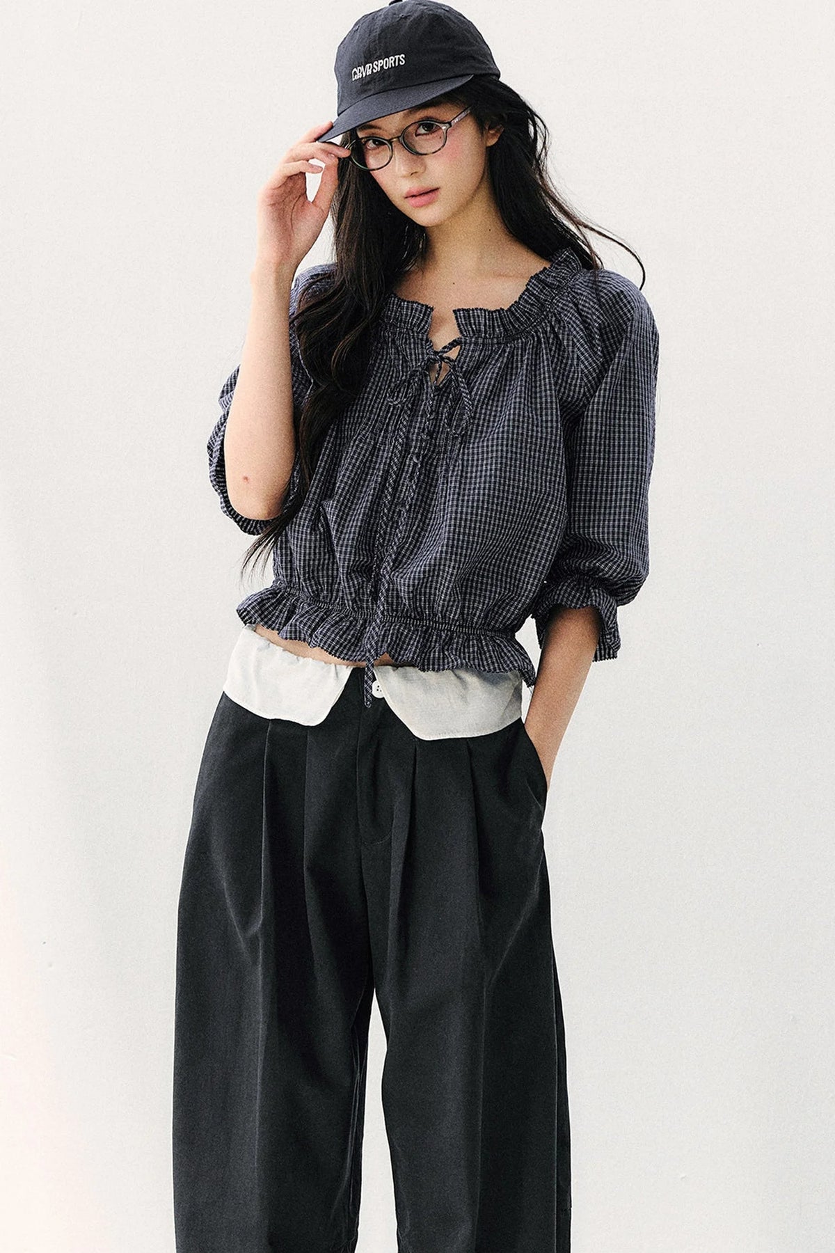 Plaid Puff Sleeve Tie Waist Cotton Top