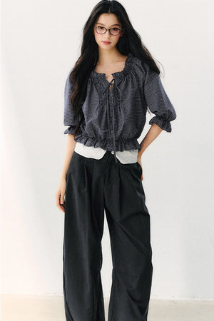 Plaid Puff Sleeve Tie Waist Cotton Top