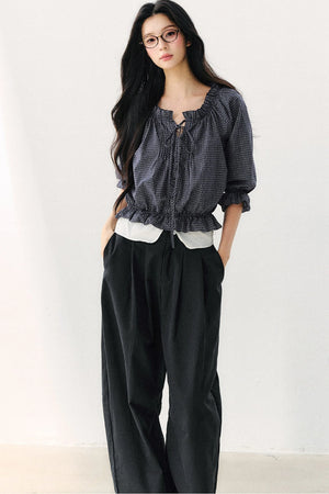 Plaid Puff Sleeve Tie Waist Cotton Top