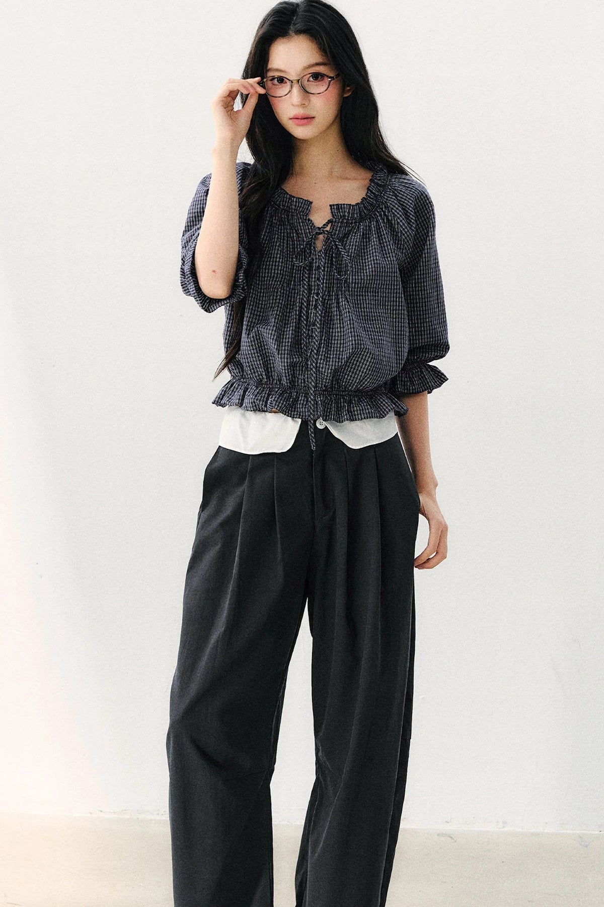 Plaid Puff Sleeve Tie Waist Cotton Top
