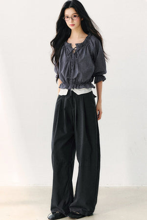 Plaid Puff Sleeve Tie Waist Cotton Top
