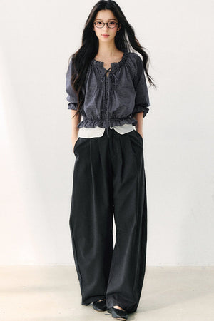 Plaid Puff Sleeve Tie Waist Cotton Top