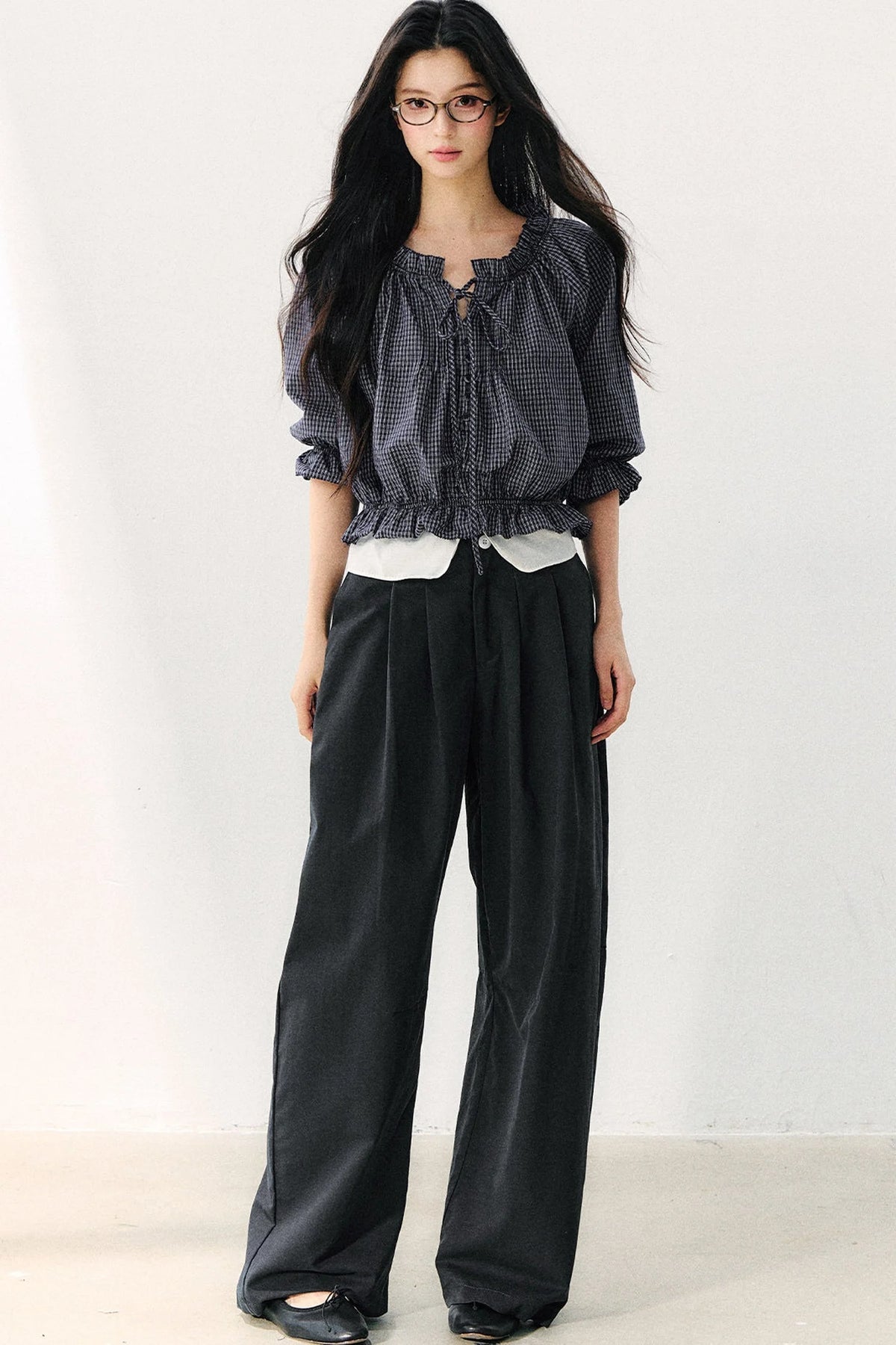 Plaid Puff Sleeve Tie Waist Cotton Top
