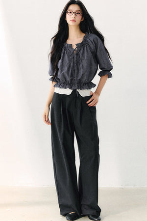 Plaid Puff Sleeve Tie Waist Cotton Top