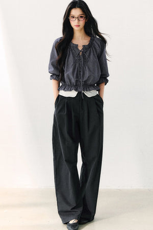 Plaid Puff Sleeve Tie Waist Cotton Top