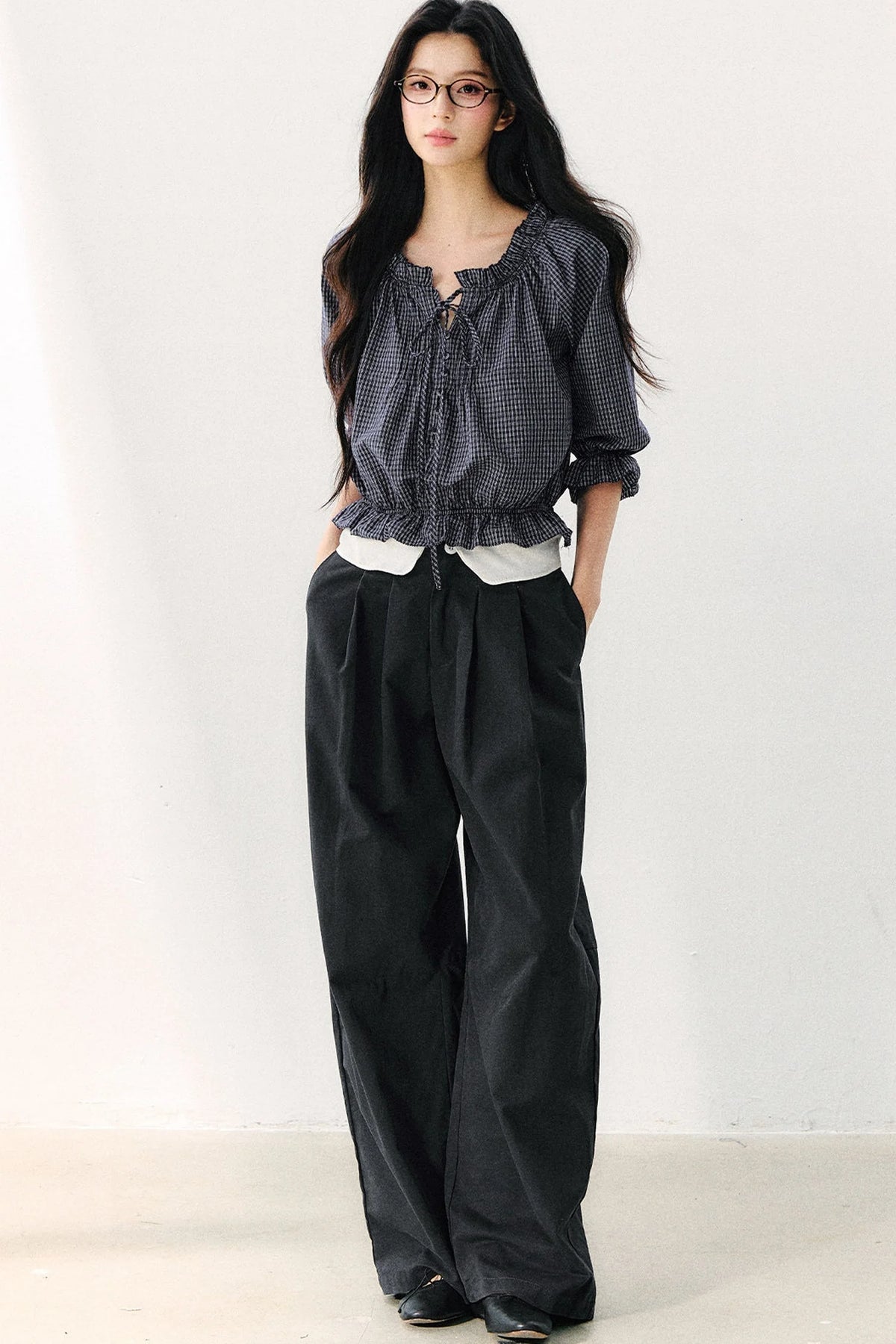 Plaid Puff Sleeve Tie Waist Cotton Top