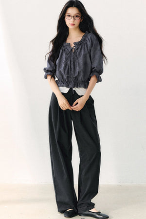 Plaid Puff Sleeve Tie Waist Cotton Top