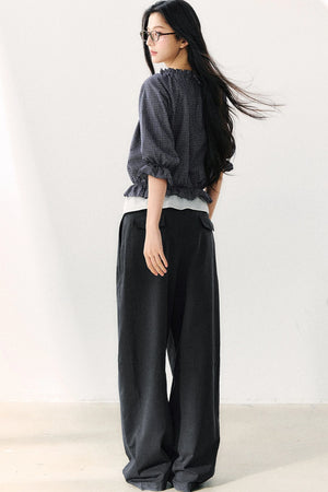 Plaid Puff Sleeve Tie Waist Cotton Top