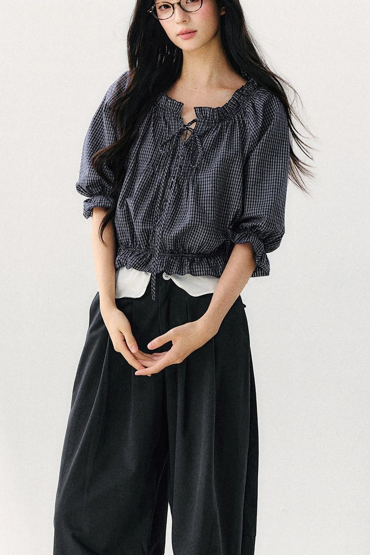 Plaid Puff Sleeve Tie Waist Cotton Top
