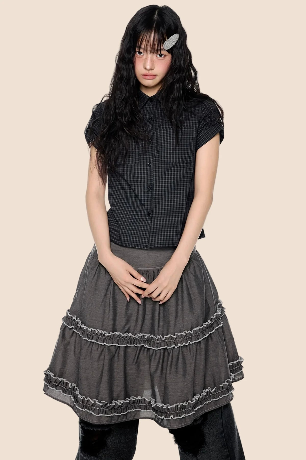 Plaid Retro Short Blouse Set-Up
