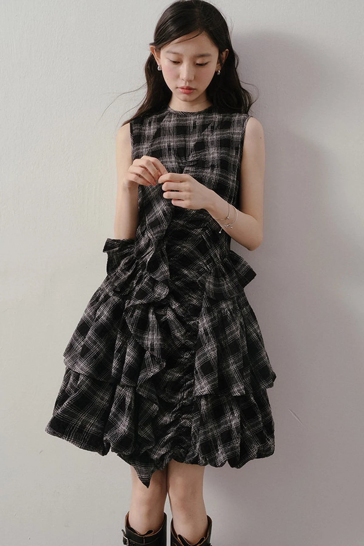 Plaid Ruffle Flower Bud Dress