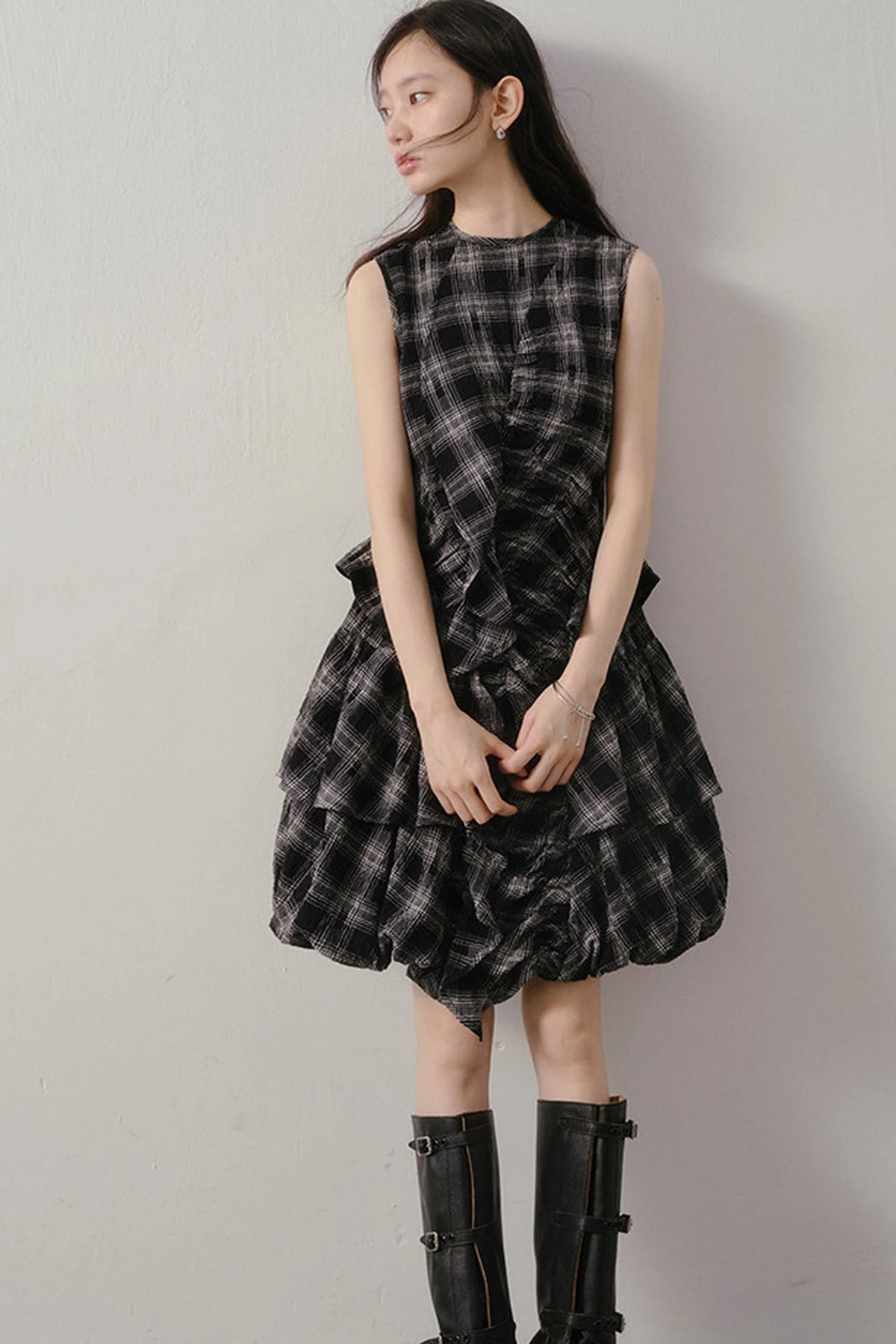 Plaid Ruffle Flower Bud Dress