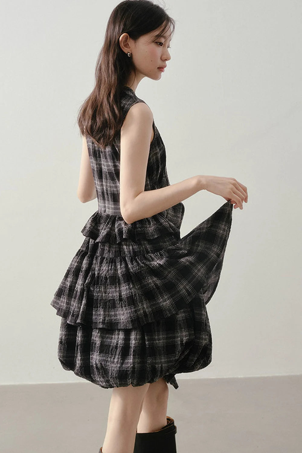 Plaid Ruffle Flower Bud Dress