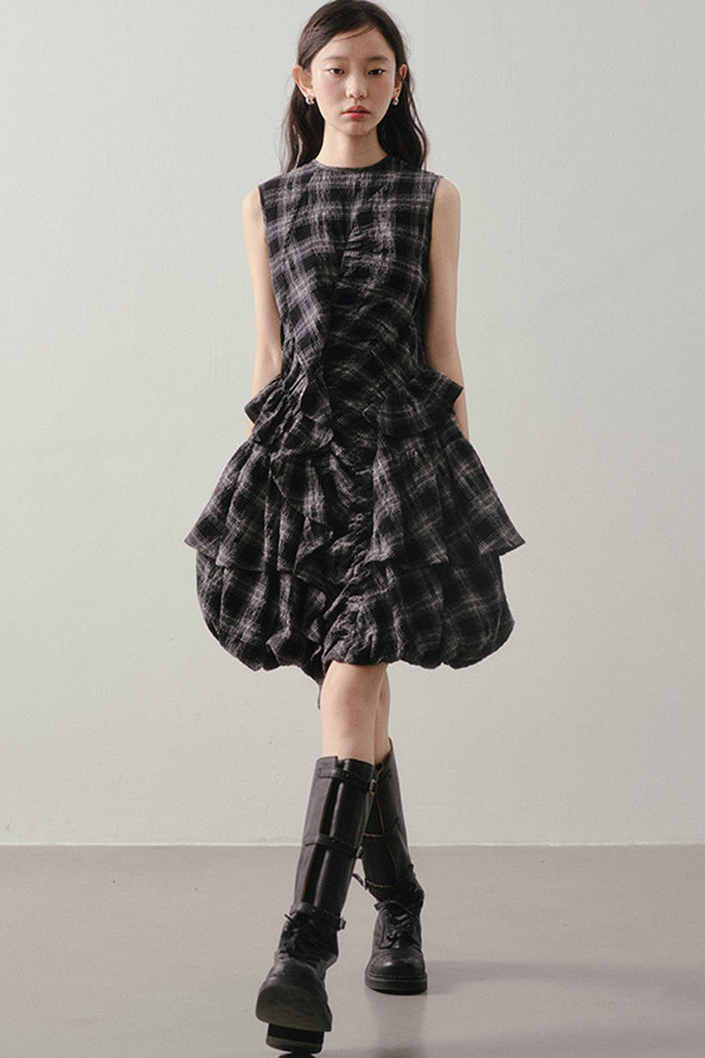 Plaid Ruffle Flower Bud Dress