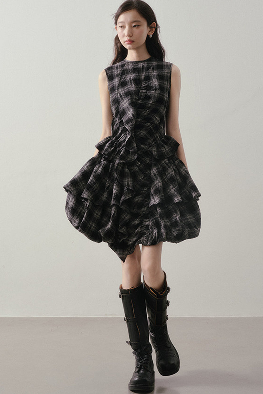 Plaid Ruffle Flower Bud Dress