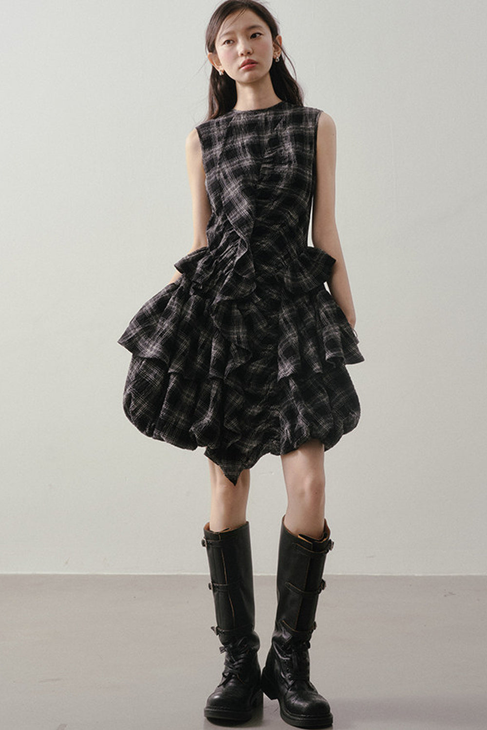Plaid Ruffle Flower Bud Dress