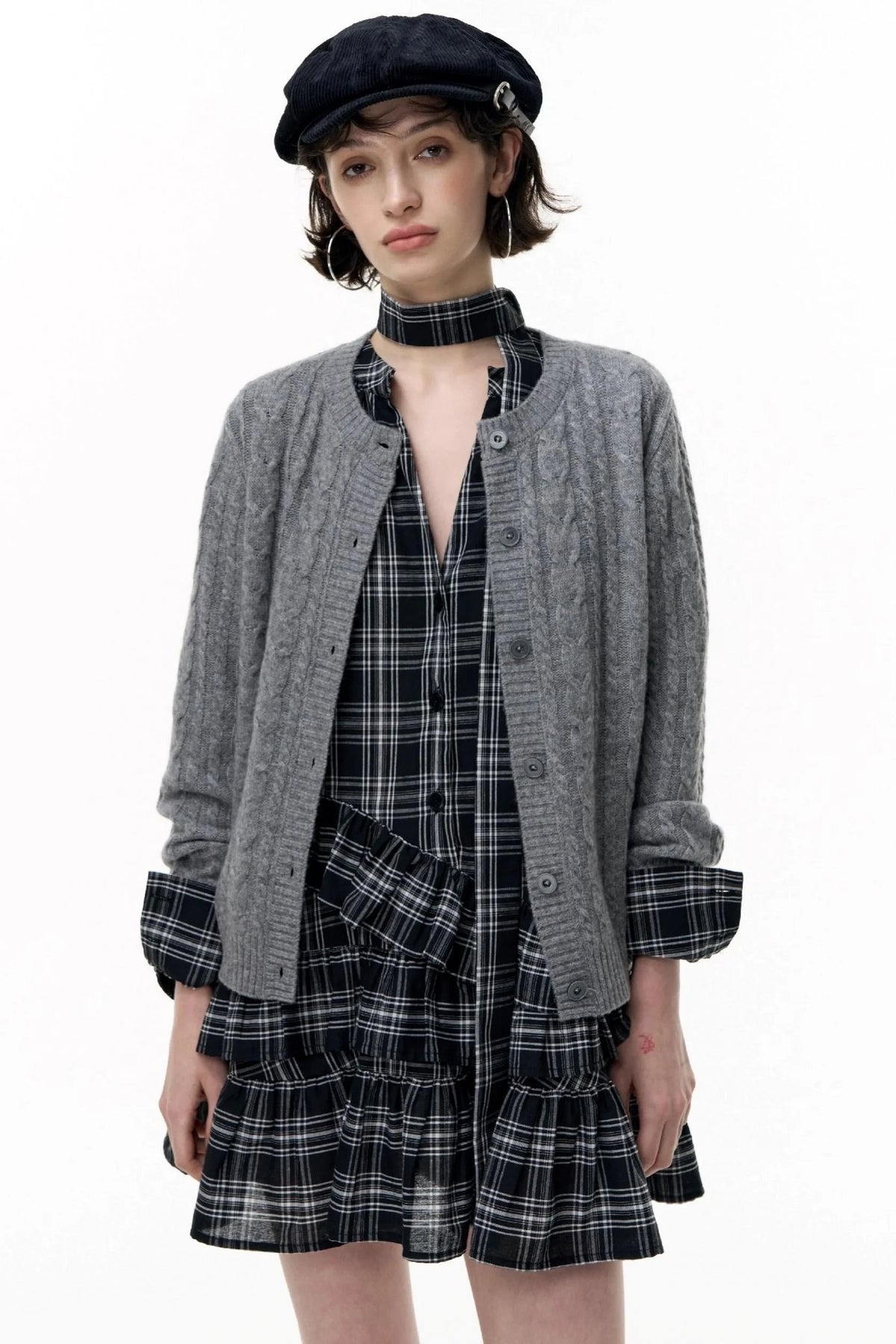 Plaid Ruffle Long Sleeve Shirt Dress