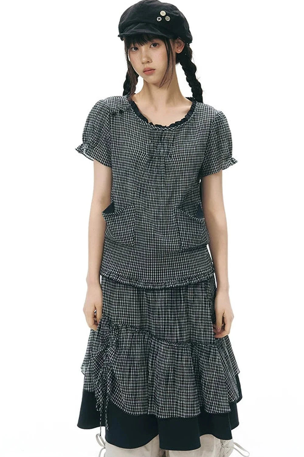 Plaid Ruffled Placket Shirt & Skirt Set-Up