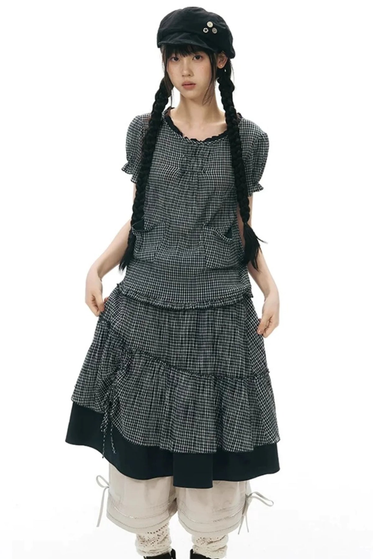 Plaid Ruffled Placket Shirt & Skirt Set-Up