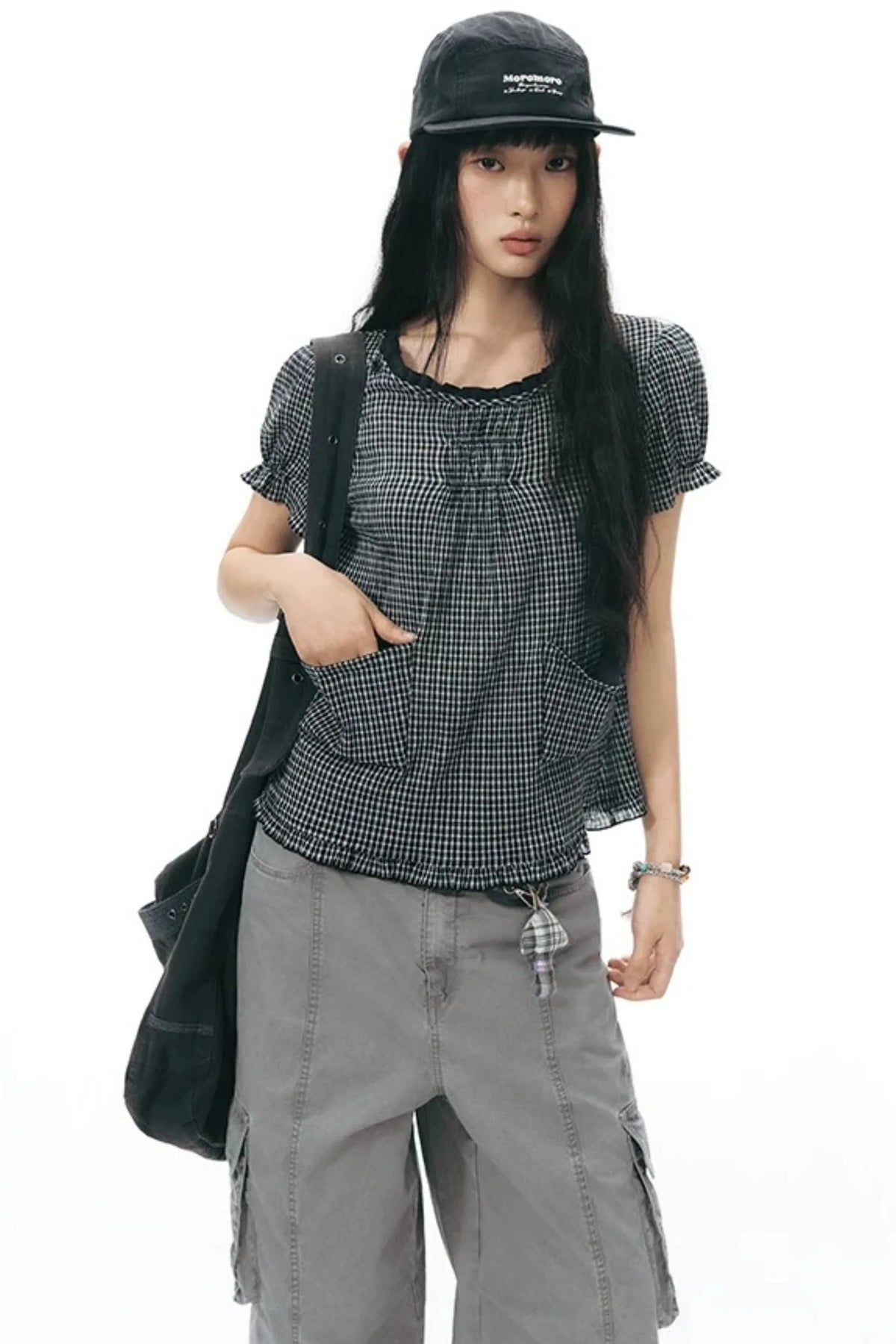 Plaid Ruffled Placket Shirt & Skirt Set-Up