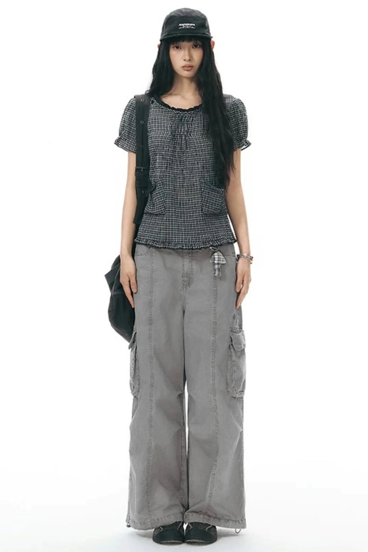 Plaid Ruffled Placket Shirt & Skirt Set-Up