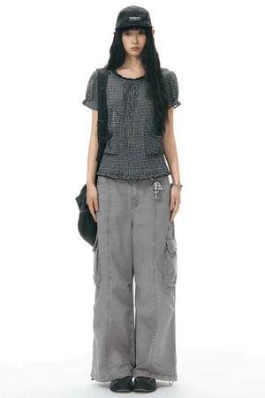 Plaid Ruffled Placket Shirt & Skirt Set-Up
