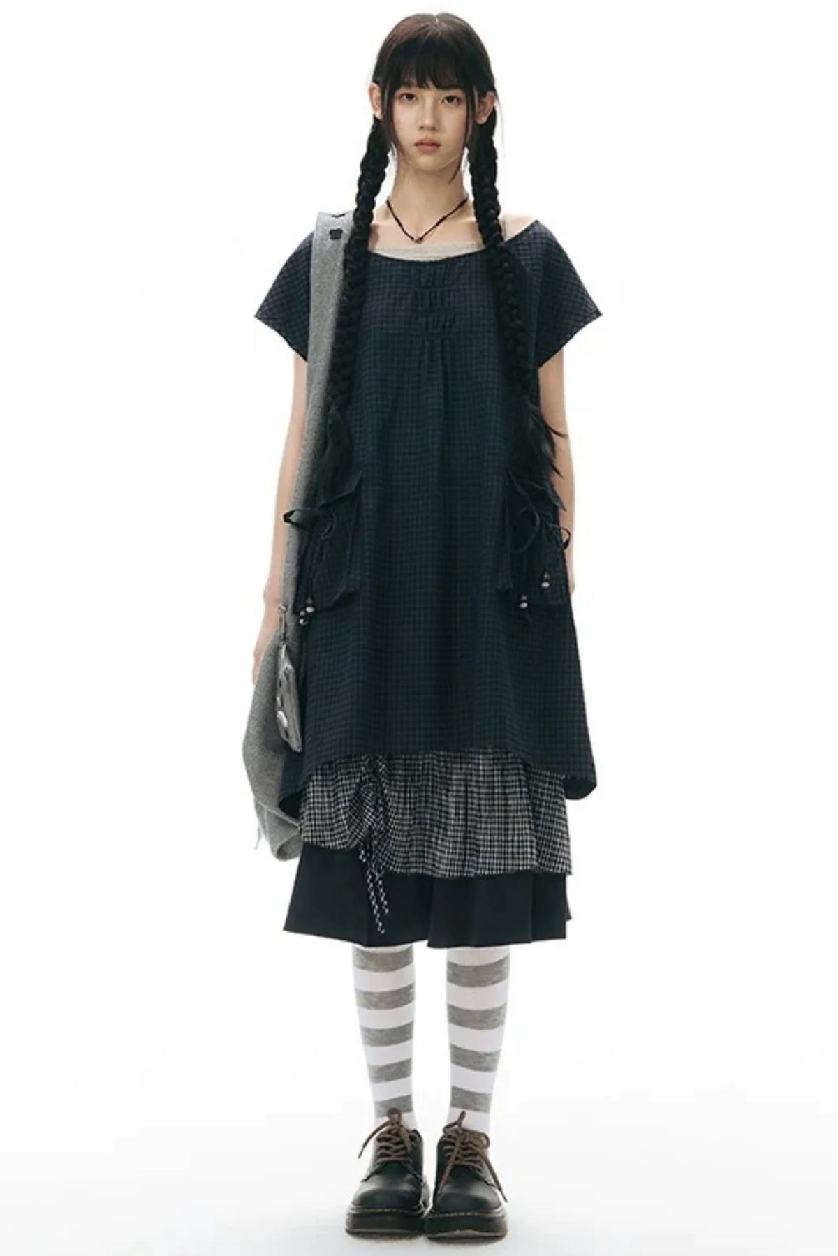Plaid Ruffled Placket Shirt & Skirt Set-Up