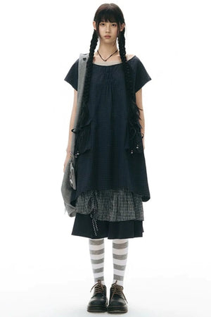 Plaid Ruffled Placket Shirt & Skirt Set-Up