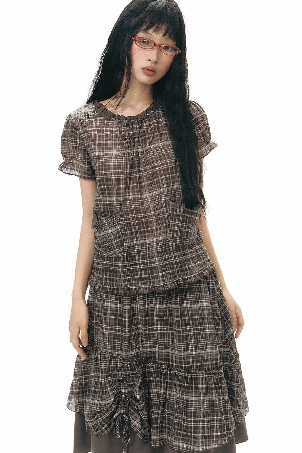 Plaid Ruffled Placket Shirt & Skirt Set-Up