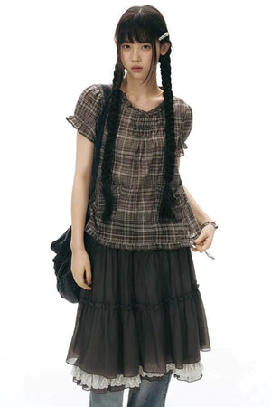 Plaid Ruffled Placket Shirt & Skirt Set-Up