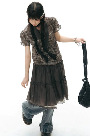 Plaid Ruffled Placket Shirt & Skirt Set-Up
