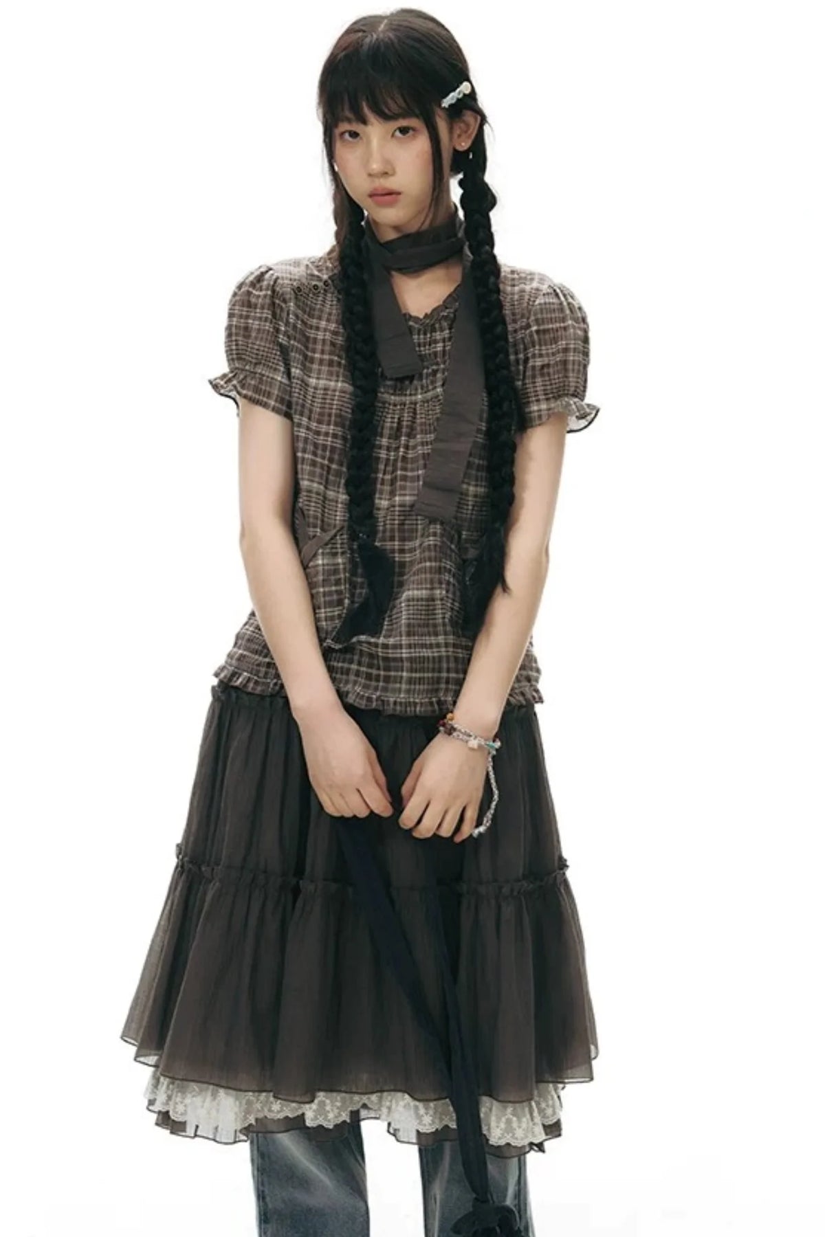 Plaid Ruffled Placket Shirt & Skirt Set-Up
