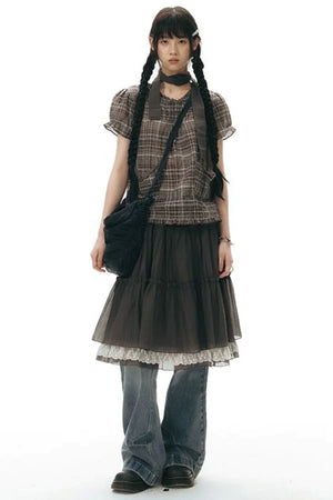 Plaid Ruffled Placket Shirt & Skirt Set-Up