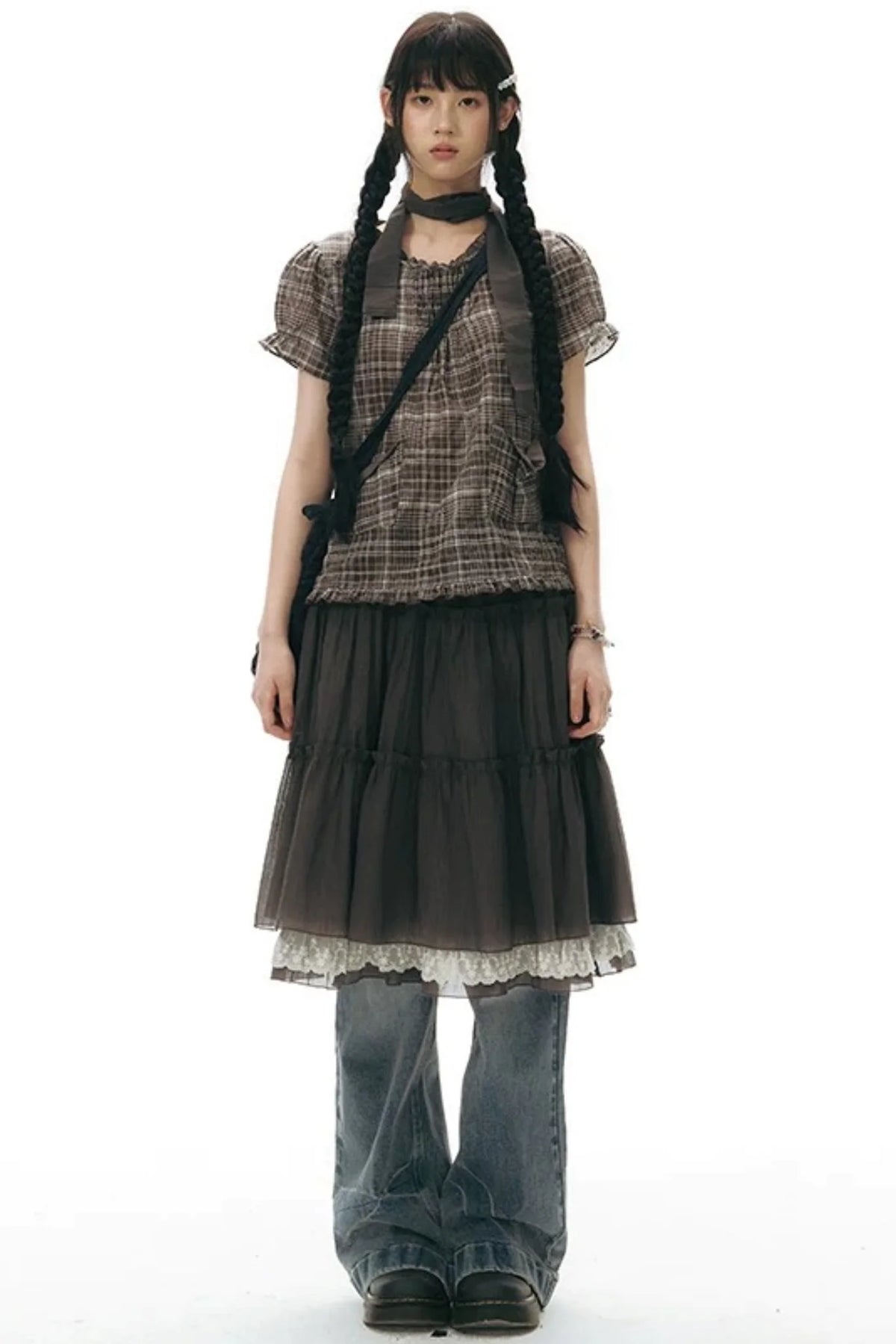Plaid Ruffled Placket Shirt & Skirt Set-Up