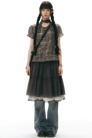 Plaid Ruffled Placket Shirt & Skirt Set-Up