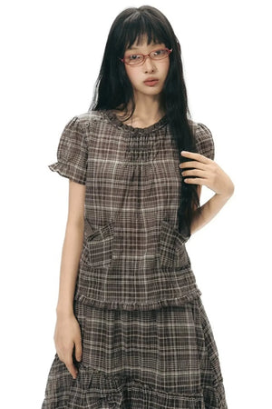 Plaid Ruffled Placket Shirt & Skirt Set-Up