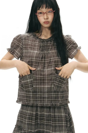 Plaid Ruffled Placket Shirt & Skirt Set-Up