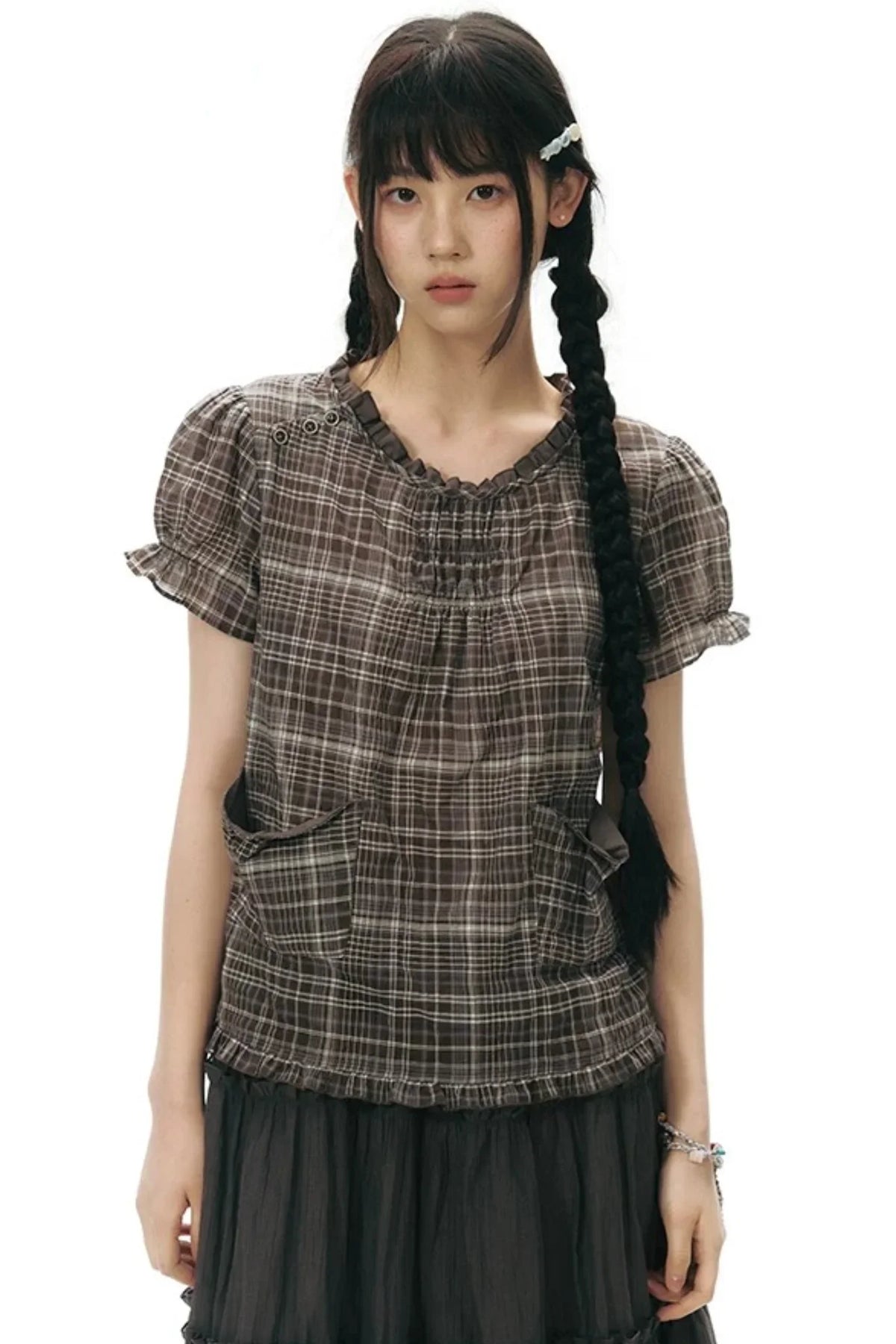 Plaid Ruffled Placket Shirt & Skirt Set-Up