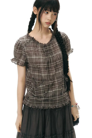 Plaid Ruffled Placket Shirt & Skirt Set-Up