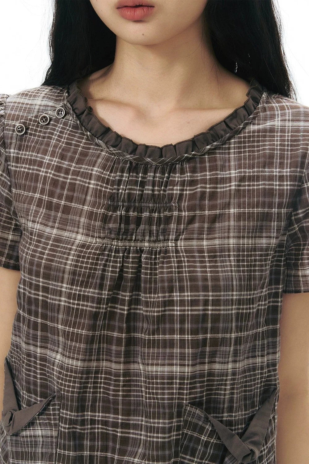Plaid Ruffled Placket Shirt & Skirt Set-Up