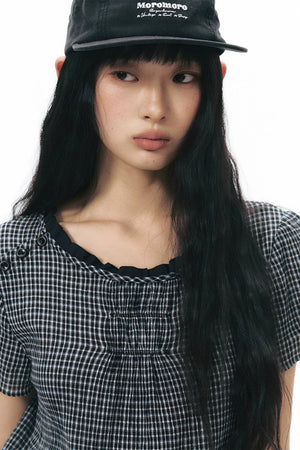 Plaid Ruffled Placket Shirt & Skirt Set-Up